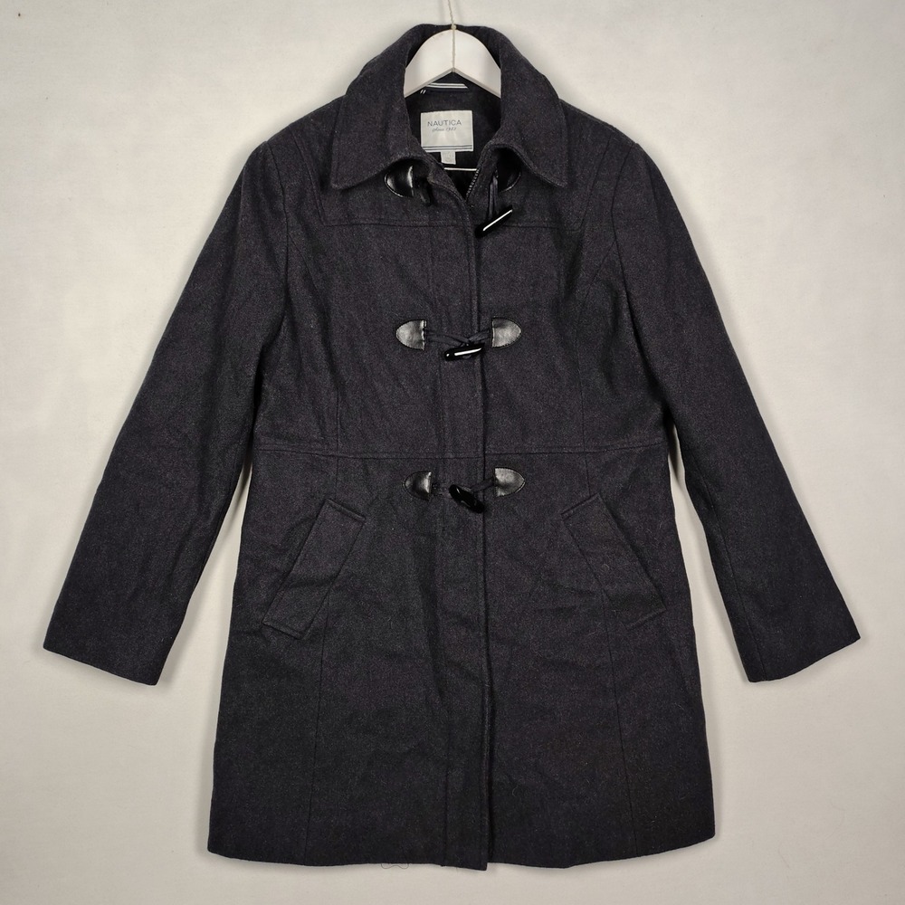 Nautica Womens Wool Blend Zip Up Pea Coat Jacket Charcoal Gray Size L